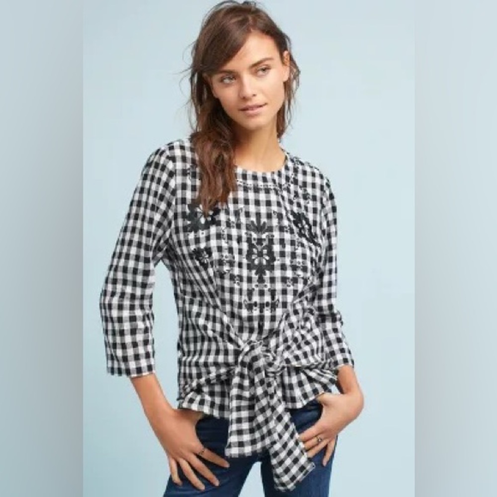 Seen Worn Kept Black and White Gingham Embroidered Checkered tie blouse Anthro
